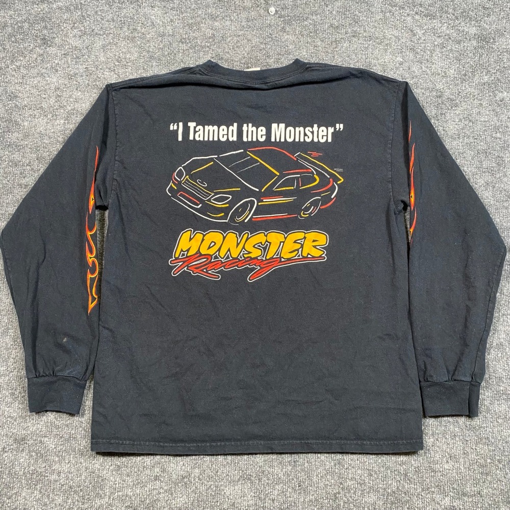 Vintage Hanes Beefy-T Monster Racing Long Sleeve Shirt Black Flame Sleeves L